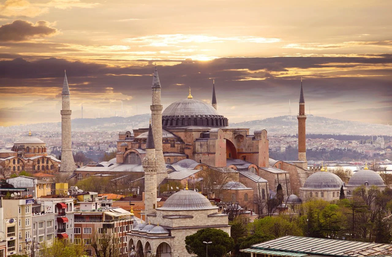 Hagia Sophia in Istanbul. A world famous monument of Byzantine architecture. View of the Cathedral of St. Sophia at sunset.