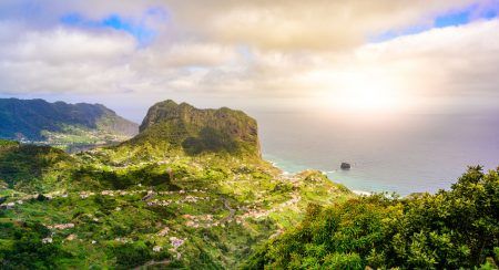 Landscape scenery from Portela Viewpoint – Porto da Cruz at beautiful coast and mountains in the north of Madeira island – Ribeira Frio-Portela, Portugal.