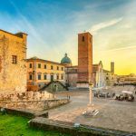 Pietrasanta old town view at sunset, San Martino cathedral and torre civica. Versilia Lucca Tuscany Italy Europe
