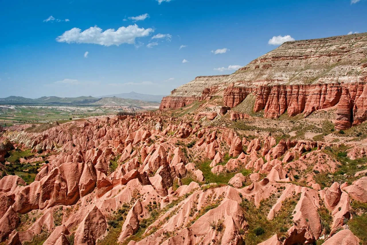 Red valley at Cappadocia, Anatolia, Turkey. Volcanic mountains in Goreme national park