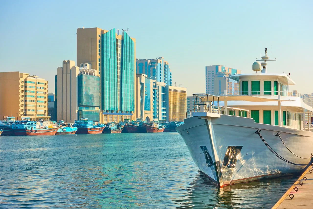 Ship on Dubai Creek and Deira district, Dubai, UAE