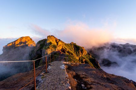 Starting pathway to Pico Ruivo peak at golden hour, Madeira, Portugal