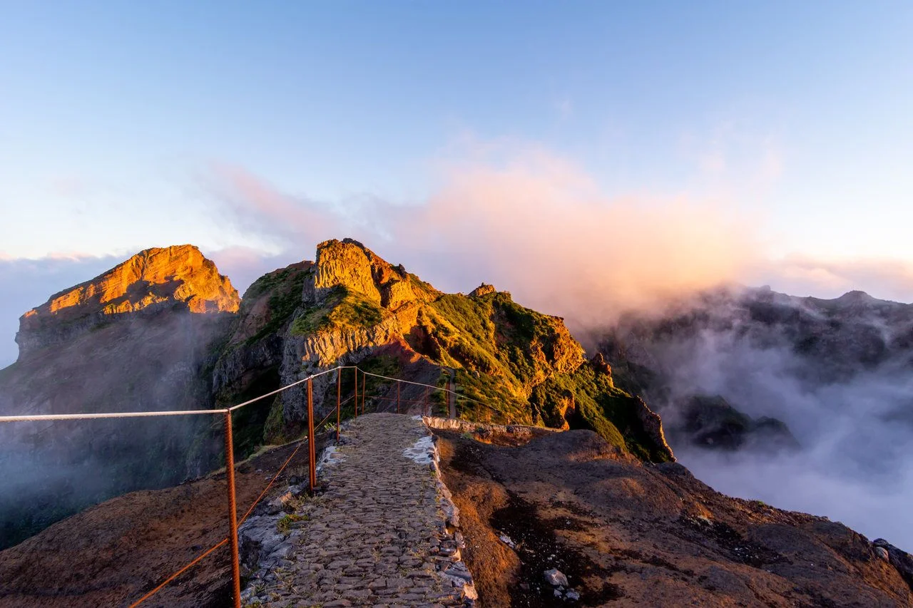Starting pathway to Pico Ruivo peak at golden hour, Madeira, Portugal
