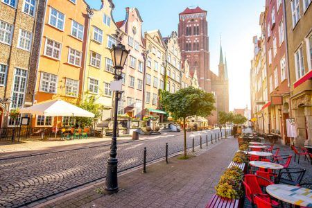 Street view with saint Mary cathedral during the morning sunlight in the old town of Gdansk