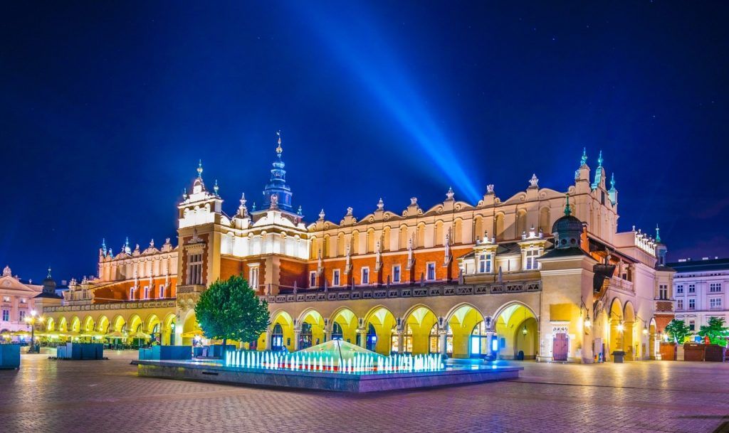 Sukiennice Cloth Hall in the main square of Krakow at night. Poland.