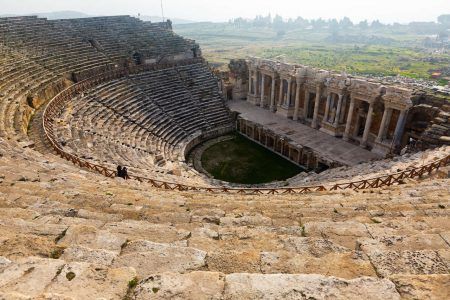 View of the Pamukkale Amphitheater, the ruined city of Hierapolis, Turkey.