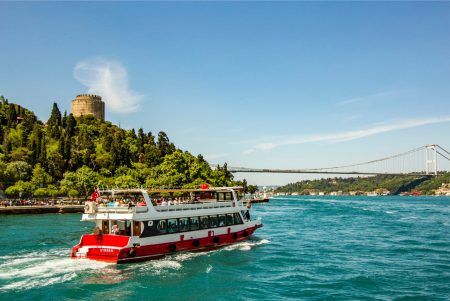 landscape and seascape from bosporus in istanbul with boats.
