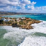 Aerial drone view of Cyprus coast and sea. Peyia,
