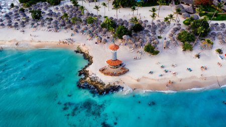 Dominican Republic Bayahibe beach Lighthouse aerial photo by drone. Crystal clear sea with beautiful beach