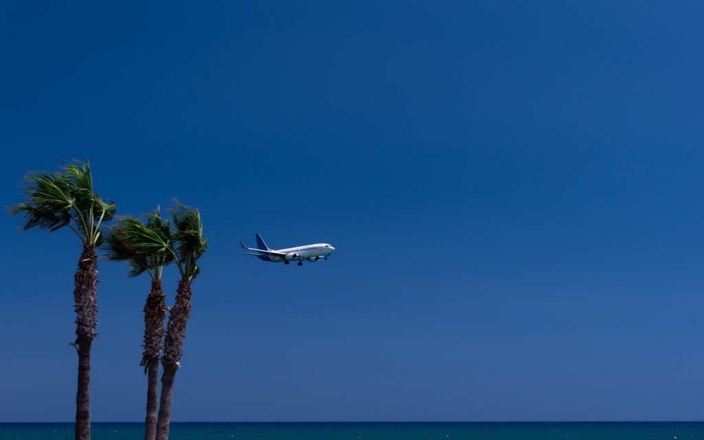 Plane on the beach. Cyprus. Larnaca. Mackenzie Beach. The plane is landing.