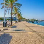 Ribeirinha de Portimao town, cobblestone embankment promenade of Arade River in city centre with palm trees and benches, blue sky background, Faro district, Algarve region, Portugal