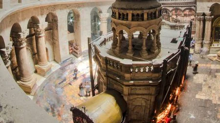 The Holy Sepulchre Church inside from top in Jerusalem timelapse. This is the most sacred place for all Christians in the world. Golgotha, Stone of Anointing, Jesus Grave. Jerusalem, Israel