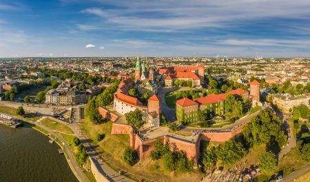 Cracow from the bird’s eye view – city landscape with castle and Wawel Cathedral. Panoram of the city from the air.