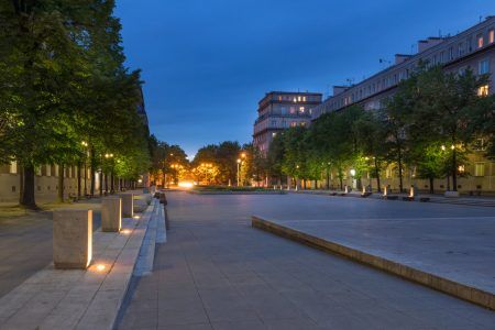 Krakow. Historical Communist architecture of Nowa Huta, Central Square by night