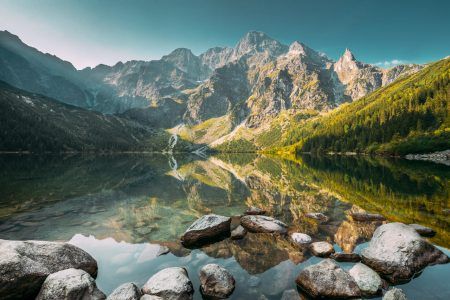 Tatra National Park, Poland. Famous Mountains Lake Morskie Oko Or Sea Eye Lake In Summer Morning. Five Lakes Valley. Beautiful Scenic View. European Nature. UNESCO’s World Network of Biosphere