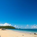 Beautiful Landscape viewpoint for design postcard and calendar tropical rock beach front view sea blue sky overlooking Nang Ram Beach Sattahip Bay Chonburi Thailand