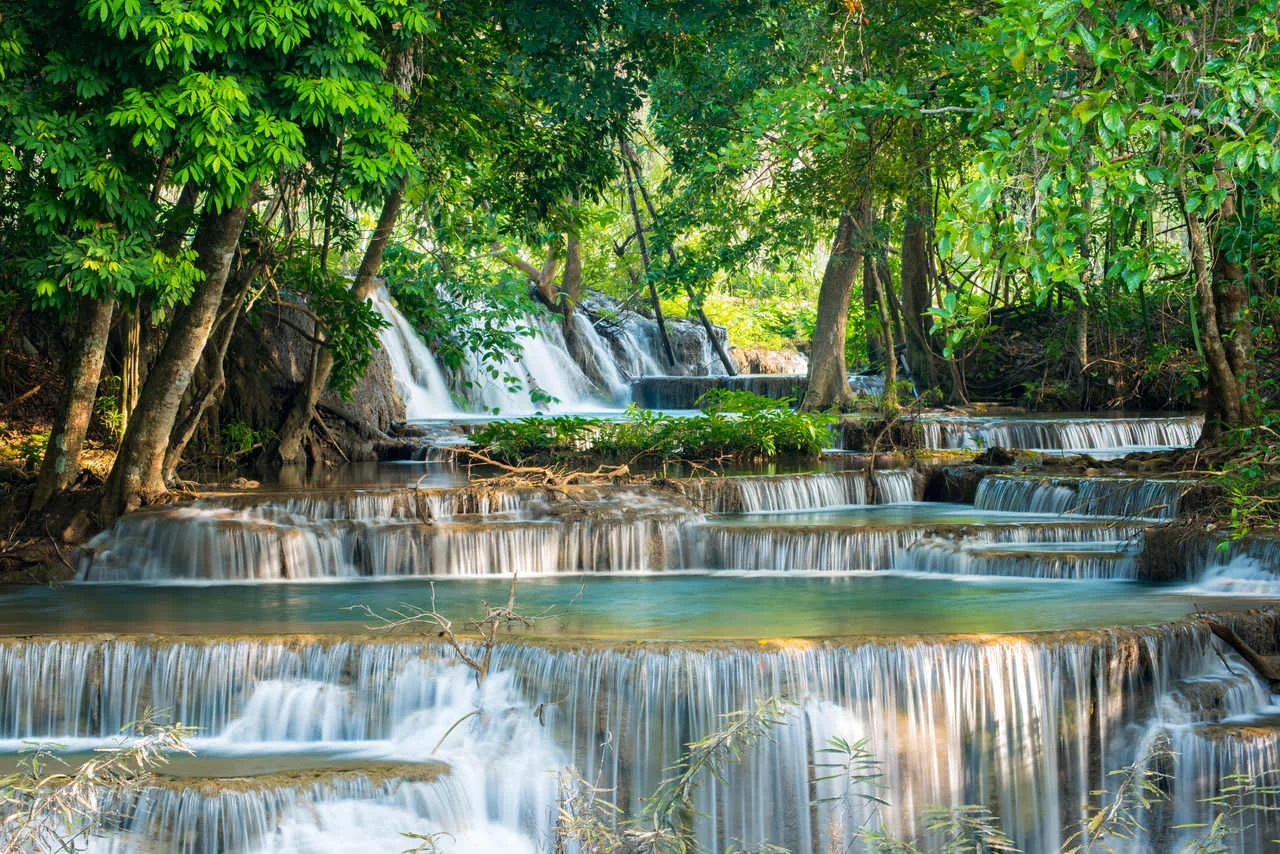 Beautiful and Breathtaking green waterfall, Erawan’s waterfall, Located Kanchanaburi Province, Thailand