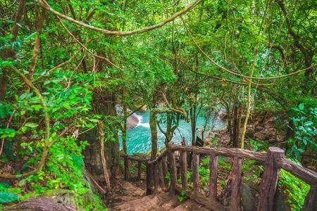 Beautiful blue sky high peak mountains mist fog green forest guiding backpacker backpacking camping campfire relaxing hiking idea long weekend Erawan wa