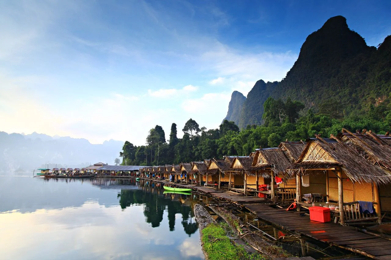 Beautiful mountains and river natural attractions in Ratchaprapha Dam at Khao Sok National Park, Surat Thani Province, Thailand