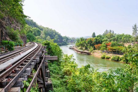 Beautiful nature landscape Death Railway bridge thai to burma over the Kwai Noi River at Krasae cave, Travel destination famous in Kanchanaburi province