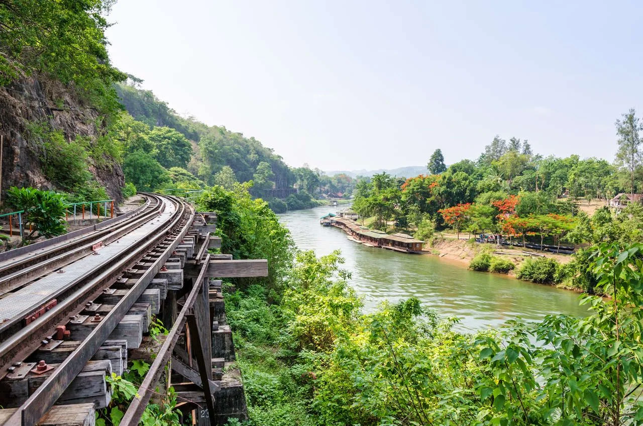 Beautiful nature landscape Death Railway bridge thai to burma over the Kwai Noi River at Krasae cave, Travel destination famous in Kanchanaburi province
