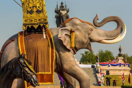 Elephant duel statue in Kanchanaburi Thailand