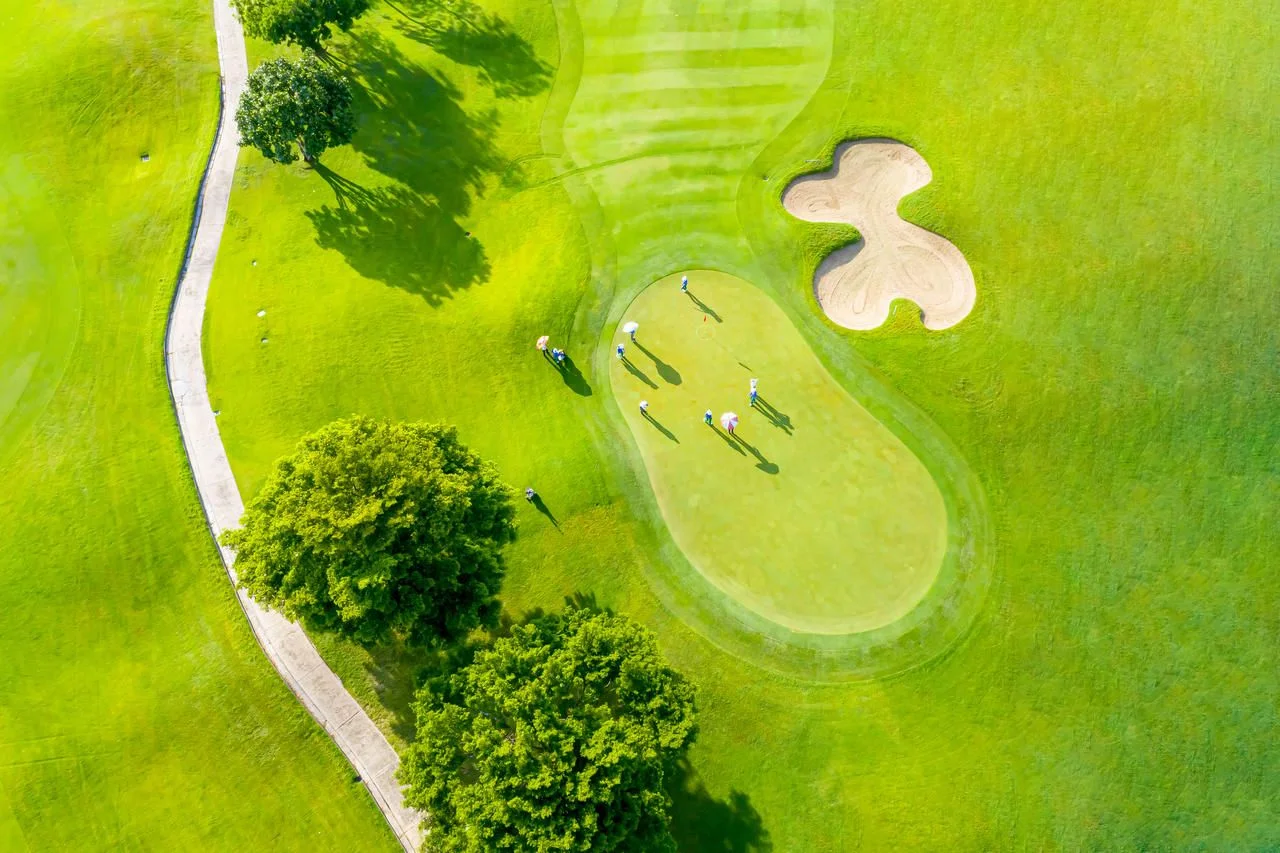Golf course sport, green grass and trees on a golf field, fairway and putting green top view, Bangkok Thailand.