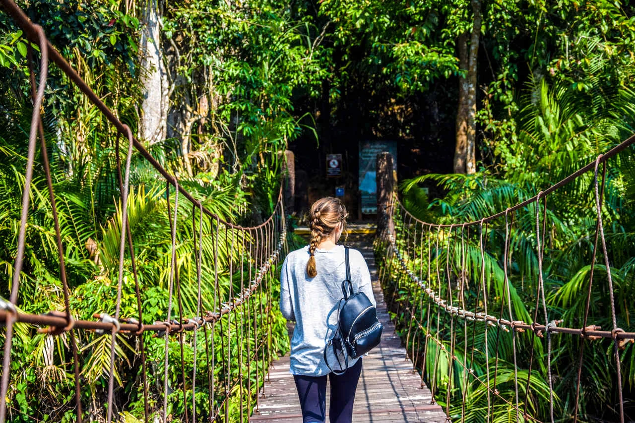 Hiking in the Jungle an attractive young European tourist girl crossing a bamboo pedestrian suspension bridge over a tropical river on a trail in Asia, Khao Yai National Park