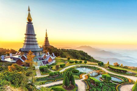 Landscape of two pagoda at the Inthanon mountain at sunset, Chiang Mai, Thailand.Inthanon mountain is the highest mountain in Thailand.