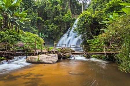 Motion blurred water of Pa Dok Siew Waterfall (Rak Jung waterfall ) beautiful waterfall in deep forest Doi Inthanon national park . Chiangmai , Thailand