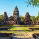 Panoramic view of Phimai Historical Park (Prasat Hin Phimai) in Thailand with blue sky