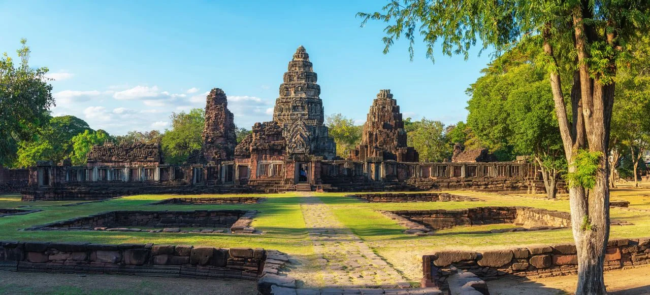 Panoramic view of Phimai Historical Park (Prasat Hin Phimai) in Thailand with blue sky