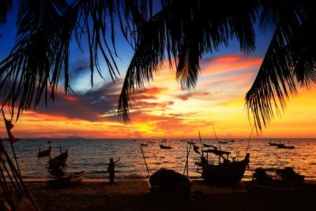 Sunset over the tropical beach with coconut palm and boat at Pattaya , Thailand . Pattaya is a paradise in Thailand.