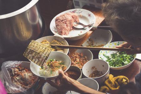 Thai food. Spicy food at Damnoen Saduak Floating Market near Bangkok, Thailand