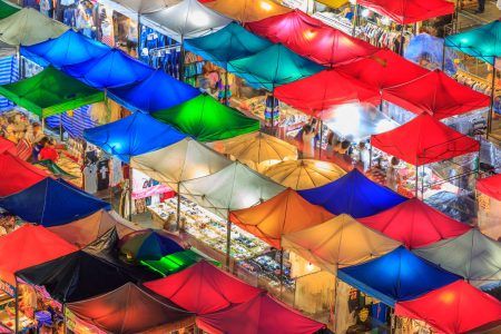 Thailand night market, street night market Colourful and beauty of night market, Aerial view of Talad Rod Fai Night Market, Ratchada, Bangkok, T