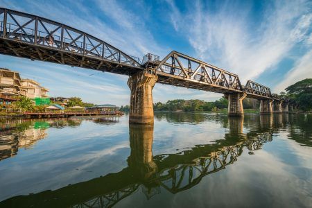 The death railway bridge is a history of world war ii, the death railway bridge over Kwai river built by Japanese soldiers at sunrise time, Kanchan