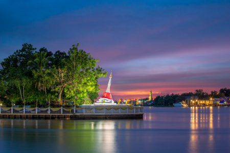 Tilt white pagoda on Ko Kret, Nonthaburi, Thailand