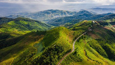 landscape aerial view mountain paths and valley in the rain season at chiang rai thailand