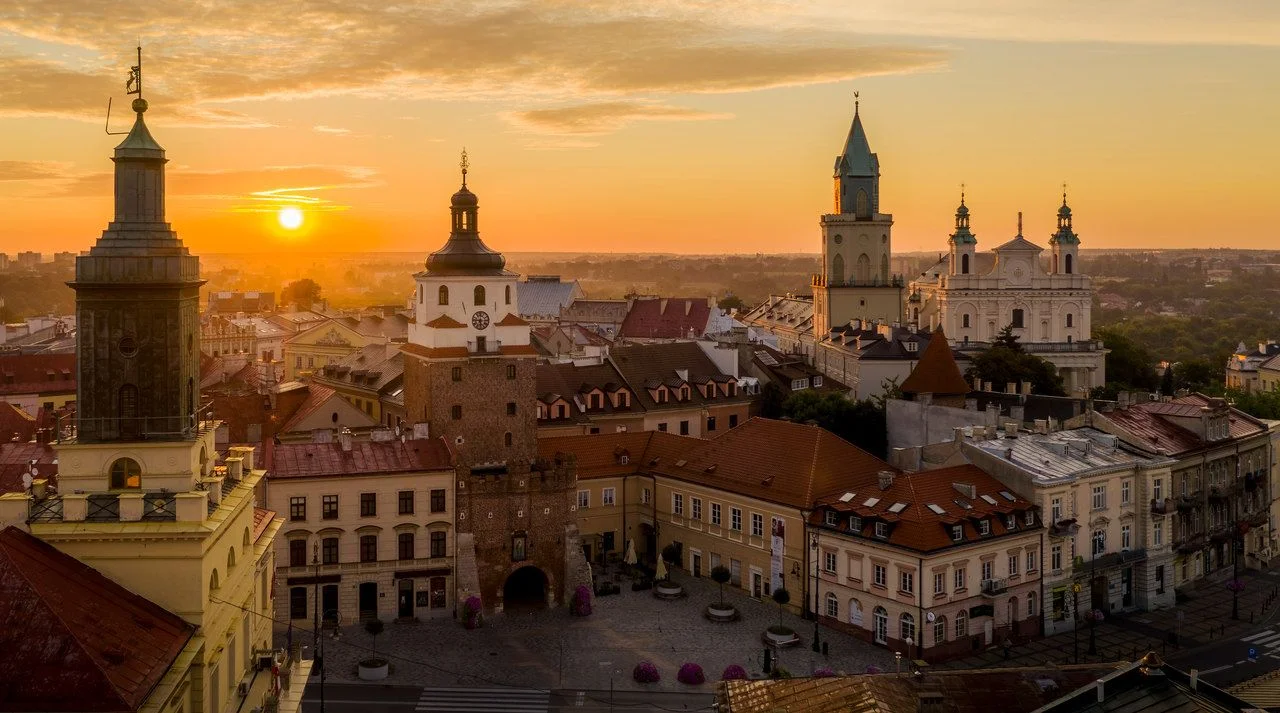 Aerial view of dawn over Old Town in Lublin, Poland
