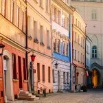 Slanted colorful houses in the old town in Lublin, Poland