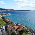 Aerial drone bird’s eye view of famous seascape of Athens Riviera, Voula, Athens Riviera, Attica, Greece