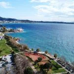 Aerial drone bird’s eye view of famous seascape of Athens Riviera, Voula, Athens Riviera, Attica, Greece