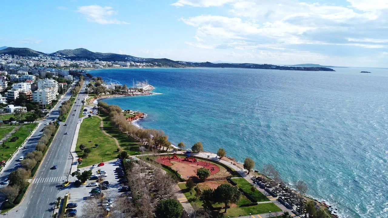 Aerial drone bird’s eye view of famous seascape of Athens Riviera, Voula, Athens Riviera, Attica, Greece