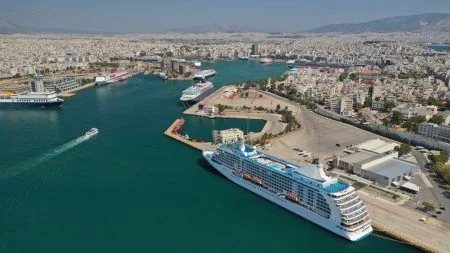 Aerial drone panoramic photo of busy port of Piraeus, the largest in Greece and one of the largest passenger ports in Europe, Attica, Greece
