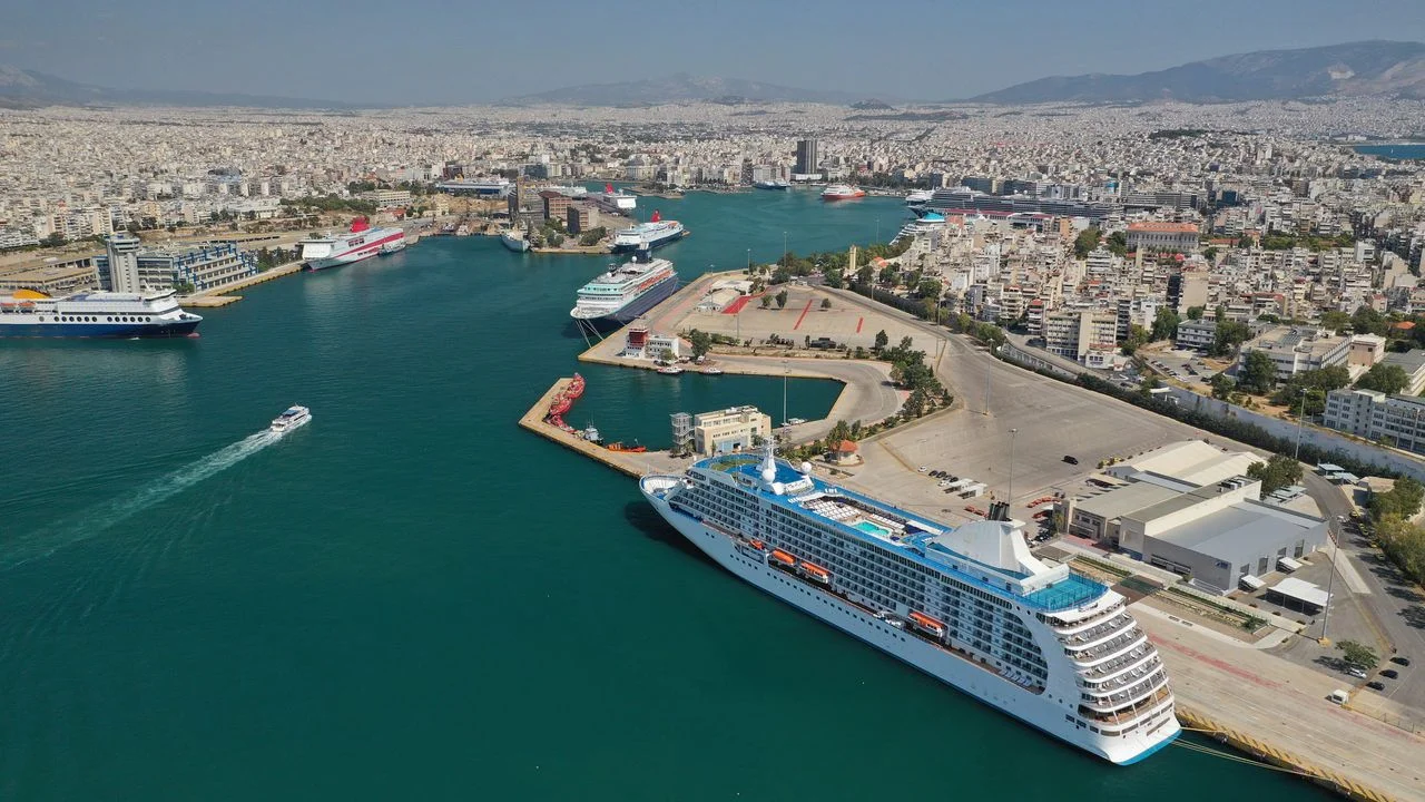 Aerial drone panoramic photo of busy port of Piraeus, the largest in Greece and one of the largest passenger ports in Europe, Attica, Greece