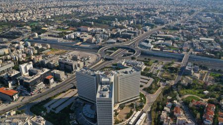 Aerial drone photo of Kifisias avenue and main ring road connecting Attiki Odos motorway in urban area of Marousi, Athens, Attica, Greece