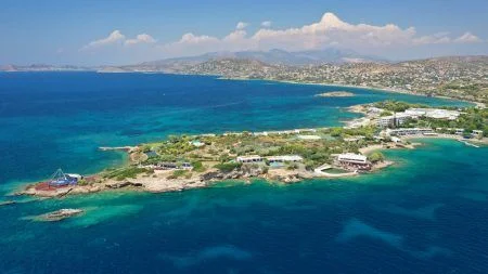 Aerial drone photo of beautiful exotic peninsula of Grand Resort Lagonisi or Lagonissi area a definite summer destination, Athens riviera, Attica, Greece