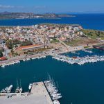 Aerial drone photo of famous port of Lavrio in South Attica where passenger ships travel to popular Aegean destinations, Greece