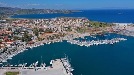 Aerial drone photo of famous port of Lavrio in South Attica where passenger ships travel to popular Aegean destinations, Greece