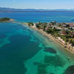 Aerial drone photo of famous seaside village of Eretria well known from ancient times, central Evia island, Greece